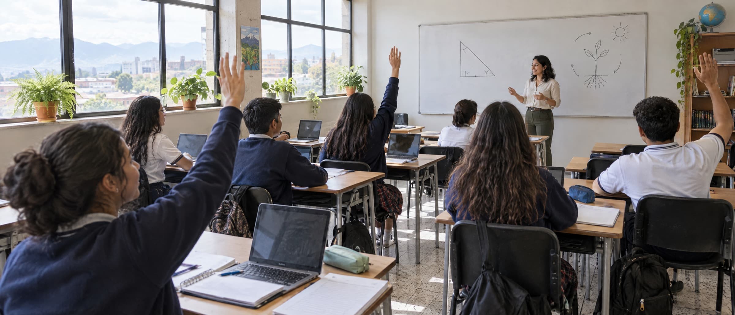 Un salón de clases de secundaria: varios estudiantes levantan la mano mientras la maestra explica en el pizarrón