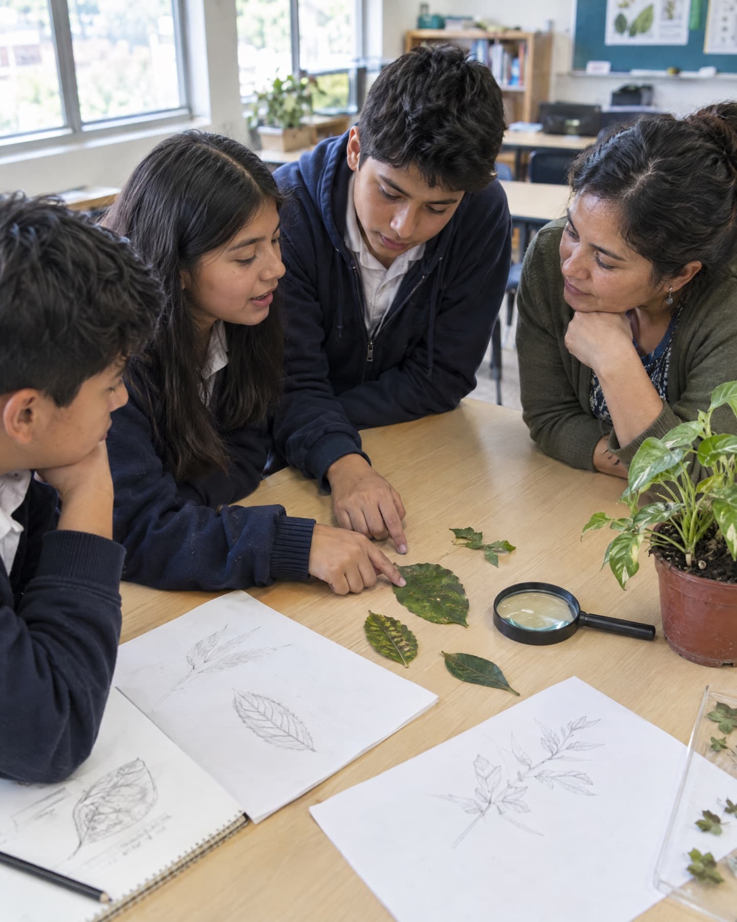 Un grupo de estudiantes y su maestra observan hojas con una lupa durante una clase de ciencias